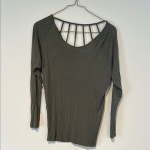 Green Ribbed Long Sleeve Cut Out Blouse